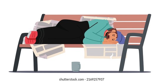 Homeless People Concept. Poor Bum Male Character in Dirty Ragged Clothes Sleeping on Bench Covered with Newspaper in City Park. Drunk Man Pauper Live on Street Outdoors. Cartoon Vector Illustration