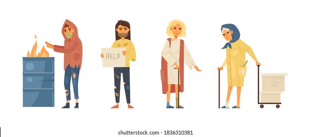 Homeless people concept. Unemployed homeless people without housing on the street. Elderly needing help. Adult person begging money alms, warms himself by fire, stands with sign for help  vector