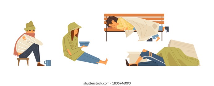 Homeless people concept. Unemployed homeless people without housing on the street. Adult person begging money alms, sleeping on bench and road cartoon vector