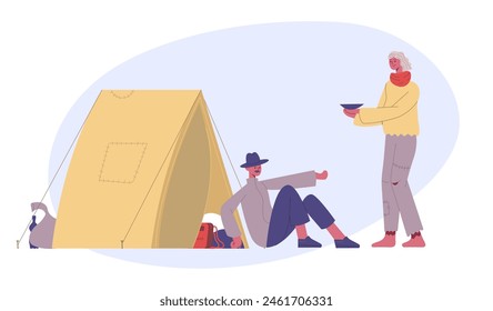 Homeless people donation. Female and male characters begging for money food. Poor woman and man sitting near tent. Poverty on streets, jobless beggars need money vector illustration