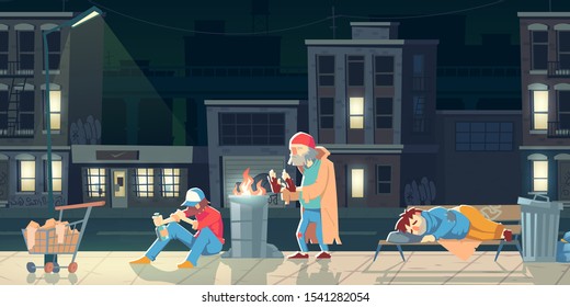 Homeless people in ghetto. Beggars and bums in ragged clothing sleeping on street, warming near barrel with fire, drinking alcohol, collecting garbage. Poor need help. cartoon flat vector illustration