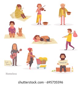 Homeless people. Group, set. Vector. Cartoon. Isolated art on white background. Flat. 
