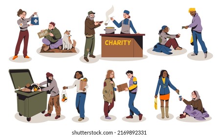 Homeless people help. Poor characters and volunteers, providing assistance and support, hungry person and food distribution, humanitarian donation, social workers tidy vector cartoon flat set