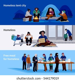 Homeless people horizontal banners asylum for jobless and free meal for hungers flat vector illustration 