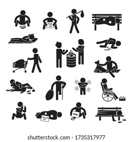 Homeless People Icon Set. Vector.