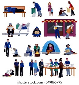 Homeless people isolated decorative icons set of tramp sleeping on bench hungry beggar sitting on on sidewalk refugees in camp flat  vector illustration  