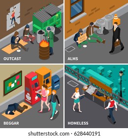 Homeless people isometric design concept including beggars expelled persons with kid needy in food isolated vector illustration