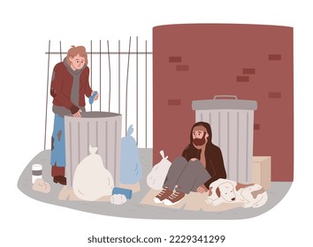 Homeless people living on the streets. Woman rooting for garbage, looking for food in the trash bin.  Unemployed hungry poor characters. Man sitting on the ground with a dog. high rent. 