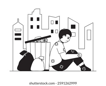 Homeless people living on the streets, black and white outline style, social issue vector illustration.