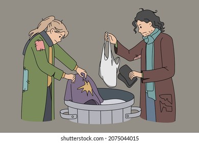 Homeless people look for clothes in trash can on streets. Poor needy beggars find clothing in waste outdoor. Homelessness and poverty. Refugee problem concept. Flat vector illustration. 