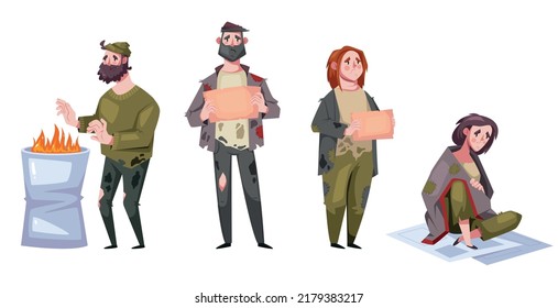 Homeless people man woman characters isolated set graphic design element flat concept