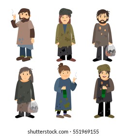 Homeless people men and women vector icons isolated on white background.