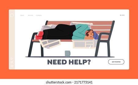 Homeless People Need Help Landing Page Template. Poor Bum Male Character in Dirty Ragged Clothes Sleeping on Bench Covered with Newspaper. Drunk Man Pauper Live on Street. Cartoon Vector Illustration