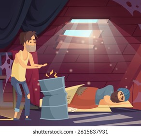 Homeless people. old sad persons spend time in an abandoned house
