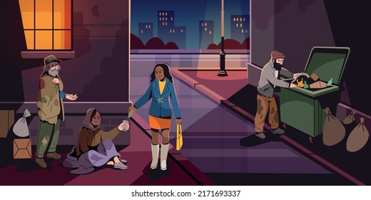 Homeless people outdoor. Poor area of the city, those in need asking help, woman gives alms, persons in night street, man digging through trash, tidy vector cartoon flat isolated concept