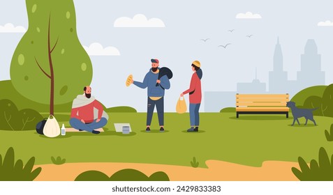 Obdachlose Menschen im Park, arme Person, Bettlercharakter, schmutzig und arm, Cartoon männlich niedrig sozial auf der Straße, Konzept der Krise und arbeitslose Problem. Vektorgrafik