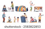 Homeless people. Poor characters on street, poverty beggar bum tramp hobo dirty shaggy man hungry woman unemployed begging person living low life cartoon classy vector illustration original artwork
