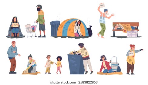 Homeless people. Poor characters on street, poverty beggar bum tramp hobo dirty shaggy man hungry woman unemployed begging person living low life cartoon classy vector illustration original artwork