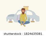 Homeless people, poverty concept. Adult man begging money and needing help, isolated vector illustration. Unemployment poor man in rags, sitting near a disassembled car on street.