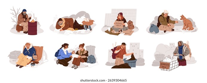 Homeless people set. Poor men and women ask for help with sign, look for food in garbage, sleep outdoors. Dirty beggars with troubles of poverty. Flat isolated vector illustrations on white background