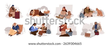 Homeless people set. Poor men and women ask for help with sign, look for food in garbage, sleep outdoors. Dirty beggars with troubles of poverty. Flat isolated vector illustrations on white background