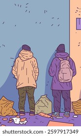 Homeless people standing against wall urban scene debris colorful clothing minimalistic street art style