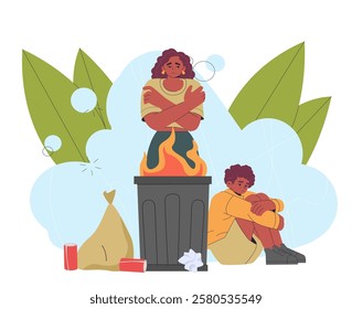 Homeless people at street. Woman and boy warm near fire in trash can. Poor and needy people outdoors. Homelessness and hopeless. Unemployed and dirty family. Flat vector illustration