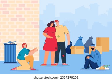 Homeless people suffering from hunger vector illustration. Cartoon drawing of man and women with no food or money, trashcan, unemployed beggars. Poverty, hunger, inflation, financial crisis concept