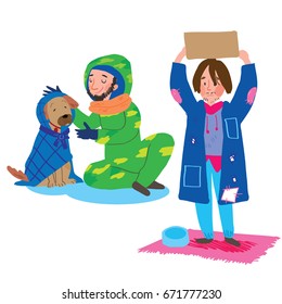 Homeless people, tramps, beggars and skinny shaggy man in dirty old clothes and dog. Vector illustration.