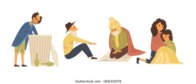 Homeless People. Unemployed Homeless People Without Housing On The Street. Elderly Needing Help. Elderly Homeless Dirty Rummages In Garbage Can, Begs For Alms. Hungry Mom And Daughter Cartoon Vector