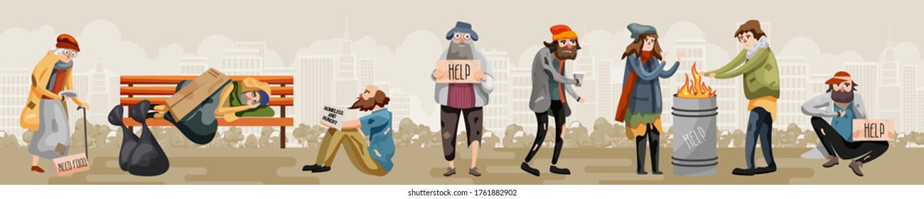 Obdachlose. Arbeitslosigkeit, Obdachlose und hungrige Menschen brauchen Hilfe und Nahrung. Arme Flüchtlingsarbeitslose Mann und Frau auf der Straße, Vektorgrafik