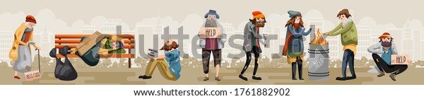 Homeless people. Unemployment homeless and\
hungry people need help and food set. Poor refugee jobless man and\
woman living on street vector\
illustration