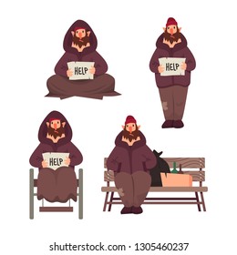 Homeless people vector characters set. Flat style illustration of a bum