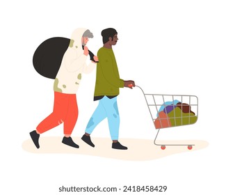 Homeless people walking with cart. Street beggars in dirty clothes cartoon vector illustration