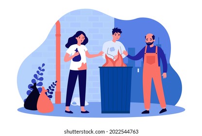 Homeless people warming themselves around fire in trash can. Flat vector illustration. Woman and men in dirty clothes, with sad faces, hungry and freezing. Poverty, failure, homelessness concept