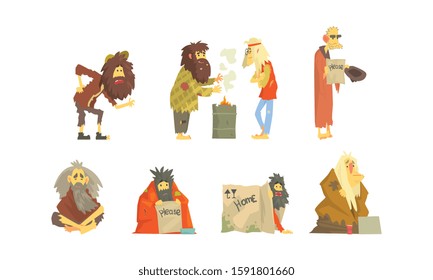 Homeless People Wearing Dirty Torn Clothes Begging for Help Vector Illustrations Set