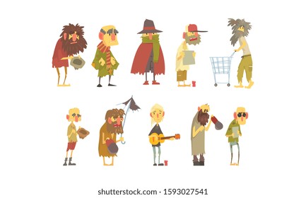 Homeless People Wearing Dirty Torn Clothes Begging for Help Vector Illustrations Set