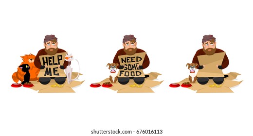 homeless person with dog begging money and needing help isolated. homeless person with cats. vector illustration
