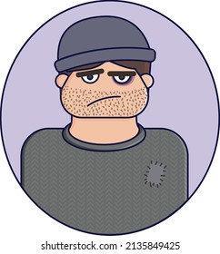 Homeless person facial expressions. Emotions vector flat illustration of cute man