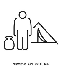 Homeless person with sack of things camp tent line icon vector illustration. Monochrome simple logo refugee forced country leaving to escape war, persecution, or natural disaster, migration isolated