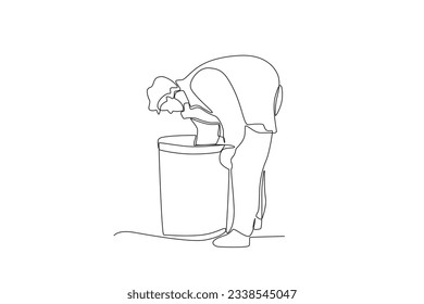 A homeless person searches for food in a garbage can. Homeless one-line drawing