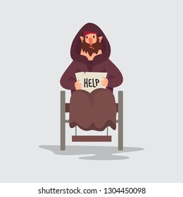 Homeless person vector character isolated. Flat style illustration of a bum