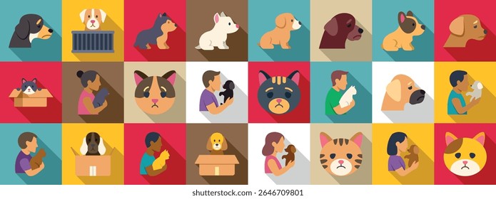 Homeless pet icons set. Pet adoption concept with owners holding their new best friends