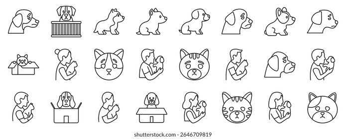 Homeless pet icons set. Line art icons of people holding and caring for their beloved pets, including dogs, cats, and puppies