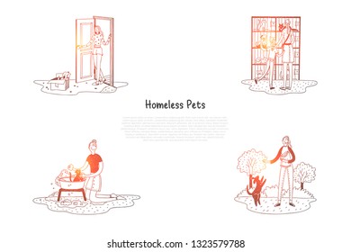 Homeless pets - animals in cages and in boxes on street and people taking care of them vector concept set. Hand drawn sketch isolated illustration