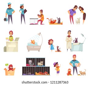 Homeless pets decorative icons set with people caring for animals at home in shelter and vet clinic isolated vector illustration