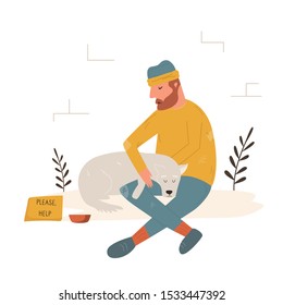 Homeless poor man in old clothing living on a street with his dog.  Flat colorful vector illustration. 