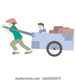 a homeless poor man is pulling a cart where he lives. vector design illustration art