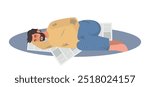 Homeless poor man sleeping on street floor, needy guy lying on newspapers. Vector illustration