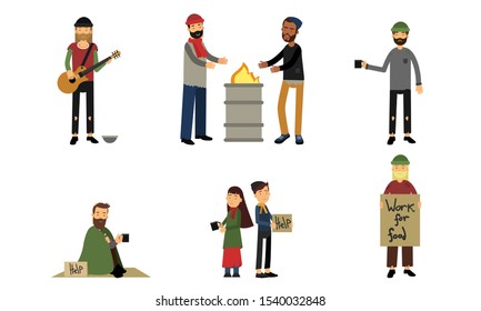Homeless And Poor People Characters In Different Actions Vector Illustration Set Isolated On White Background